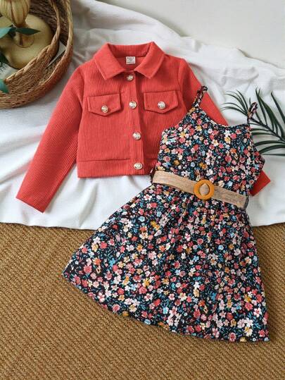 SHEIN Vintaside Kids جاكيت بتفاصيل الطية للبنات وفستان قطني بتفاصيل زهرية صغيرة