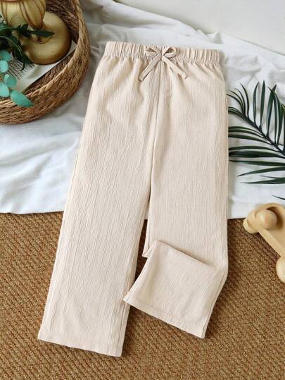 SHEIN سروال فضفاض مناسب للشاطئ من قماش بملمس مخملي بلون المشمش، تصميم متعدد الاستخدامات مريح وأناقة لفتيات المراهقة في مجموعة ربيع/صيف جديدة، تنسق مع ملابس الأم والأخت