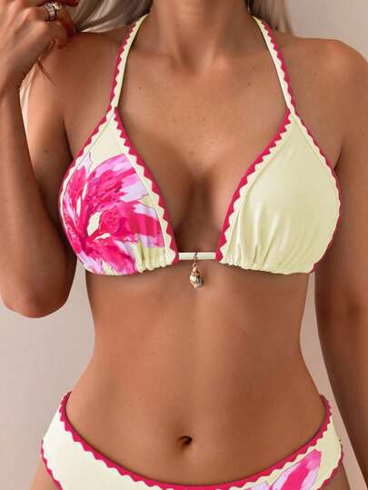 Swim Vcay 2 قطعة مجموعة بكيني للنساء، بتصميم هلتر مربوط الحافة بنقشة الأزهار، بدلة سباحة مطبوع عليها الزهور، ملابس سباحة كاجوال عصرية للعطلات