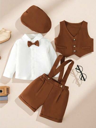 SHEIN للاولاد الاطفال عقدة الفراشة أمامية قميص & جاكيت صدري & شورت بحمالات & قبعة