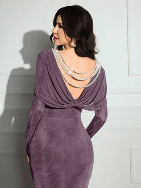 Modelyn فستان طويل أنيق للحفلات مزين بالخرز بدون ظهر للنساء، فستان ضيف حفل الزفاف في فصل الخريف، ملابس نسائية لفصل الخريف، فساتين عيد ميلاد للنساء، فستان ضيف حفل الزفاف الأنيق للخروج ليلاً