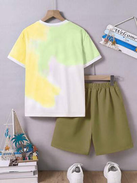 2 قطعة/مجموعة من قميص بأكمام قصيرة مع طباعة أشجار جوز الهند ذو تأثير صبغ التعتيم ، وشورت رياضي عادي للأولاد المراهقين في فصل الصيف