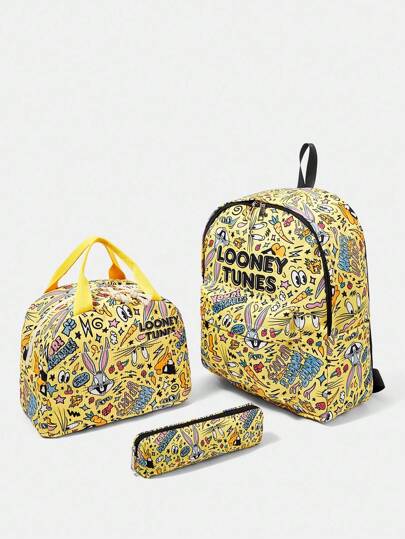 LOONEY TUNES X SHEIN 3 قطع/طقم طريف بنمط رسوم كرتونية حقيبة ظهر، حقيبة للأقلام، حقيبة غداء، حقيبة ظهر متعددة الوظائف، خفيفة الوزن، حقيبة أقلام محمولة، حقيبة غداء سعة كبيرة، مناسبة للكلية والجامعة والمدرسة الإعدادية/الثانوية والخارج والسفر والمدرسة الابتدا