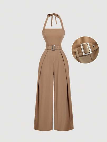 SHEIN MOD جمبسوت قصيرة نسائية بحزام تزيين بنقشة اللون الخاكي