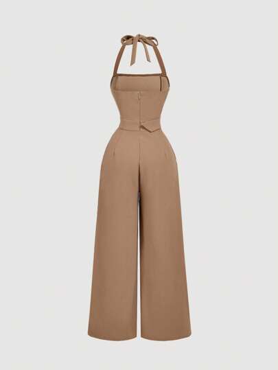 SHEIN MOD جمبسوت قصيرة نسائية بحزام تزيين بنقشة اللون الخاكي
