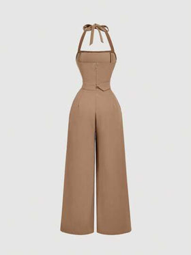 SHEIN MOD جمبسوت قصيرة نسائية بحزام تزيين بنقشة اللون الخاكي