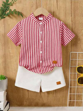 SHEIN طقم شورت قصير مخطط مخطط وشورت أبيض للأطفال الصغار 2 قطعة، مريح وملائم للاستخدام الداخلي والخارجي واليومي والرياضة واللعب والحفلات والتصوير الفوتوغرافي والعطلات، مناسب للربيع/الصيف