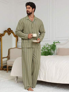 DAZY قميص أخضر ذو نسيج هندسي + طقم ملابس منزلية للرجال، ملابس ربيع/صيف وخريف/شتاء، بيجاما