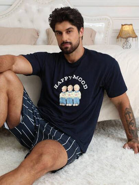 DAZY طقم ملابس منزلية للرجال مطبوع عليه أنماط وحروف متعددة الألوان، بما في ذلك بيجامة