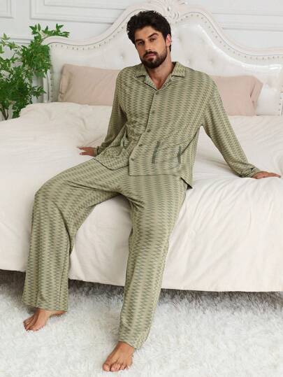DAZY قميص أخضر ذو نسيج هندسي + طقم ملابس منزلية للرجال، ملابس ربيع/صيف وخريف/شتاء، بيجاما