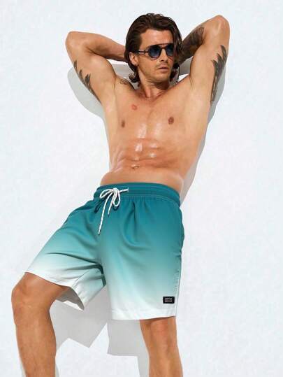 Surfspeed شورتات شاطئ كاجوال مطبوعة بطبعة أومبير للرجال، شورتات سباحة خضراء للرجال، بدلات سباحة تركواز للرجال