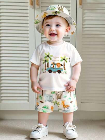 SHEIN Playful Pals كنزة برمز مطبوعة ذات أكمام قصيرة وشورت مجموعة، للأطفال الرضع والصغار، للربيع والصيف 2 قطعة