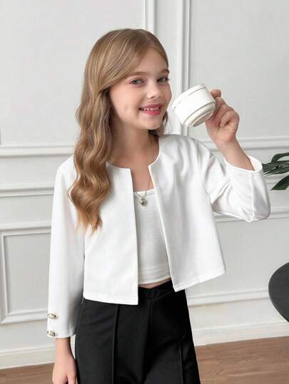 SHEIN معطف مطرز أبيض ربع طول بأزرار معدنية لفتاة المُراهقات للسفر والمناسبات اليومية