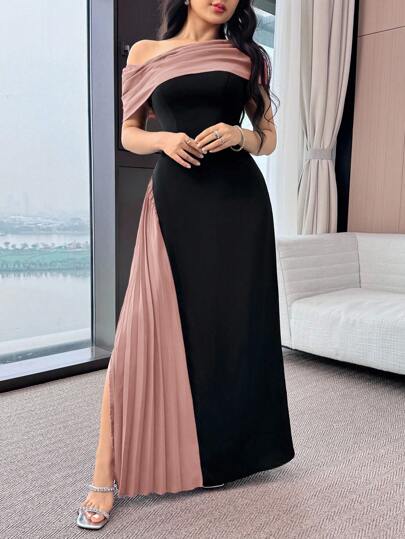 Modelyn فستان أنيق للمرأة ذو لون متباين على الكتف والخصر