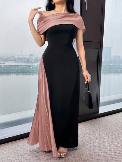 Modelyn فستان أنيق للمرأة ذو لون متباين على الكتف والخصر