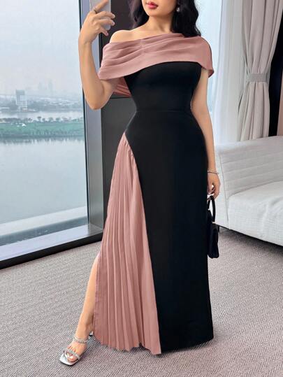 Modelyn فستان أنيق للمرأة ذو لون متباين على الكتف والخصر