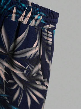 SHEIN بنطلون وشورت مجموعة قصيرة الأكمام مطبوع عليها أشجار جوز الهند والجزيرة للمراهقين والأولاد، طراز كاجوال للحرم الجامعي، مريح، عصري، متعدد الاستخدامات، ناعم، مناسب للارتداء اليومي، المدرسة، السفر، إجازة الجزيرة
