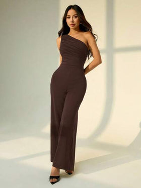 SHEIN PETITE جمبسوت صيفية أنيقة برقبة واحدة ذات لون أحادي مع كسرات وساق واسعة