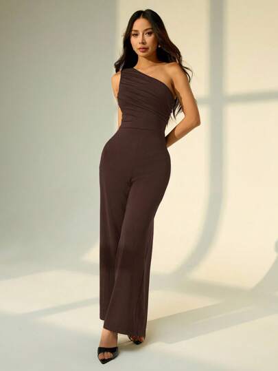 SHEIN PETITE جمبسوت صيفية أنيقة برقبة واحدة ذات لون أحادي مع كسرات وساق واسعة