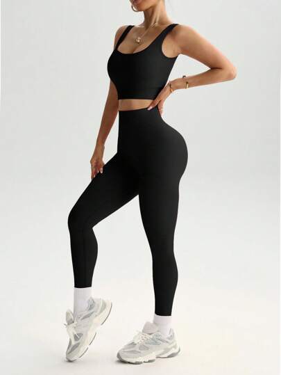 SHEIN Sports مجموعتين من البذلات الرياضية ذات الشد العالي بدون خياطة، طقم تدريب من ملابس علوية خزامى قبة وسروال جري لتحكم في البطن، طقم رياضي للسيدات