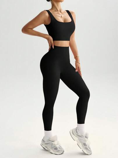 SHEIN Sports مجموعتين من البذلات الرياضية ذات الشد العالي بدون خياطة، طقم تدريب من ملابس علوية خزامى قبة وسروال جري لتحكم في البطن، طقم رياضي للسيدات