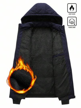 Manfinity Homme معطف شتوي مبطن أزرق داكن للرجال بأكمام طويلة وتصميم كابوشون، دافئ، ملابس خارجية للرجال، خريف