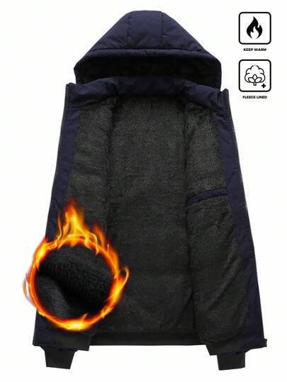 Manfinity Homme معطف شتوي مبطن أزرق داكن للرجال بأكمام طويلة وتصميم كابوشون، دافئ، ملابس خارجية للرجال، خريف
