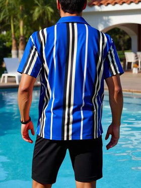 Manfinity Swimmode بدلة شاطئية صيفية متكاملة من قميص أكمام قصيرة مع أزرار وشورت، بطبعات لونية وخطوط