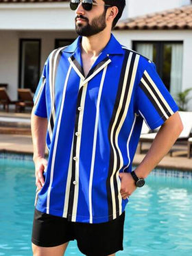 Manfinity Swimmode بدلة شاطئية صيفية متكاملة من قميص أكمام قصيرة مع أزرار وشورت، بطبعات لونية وخطوط