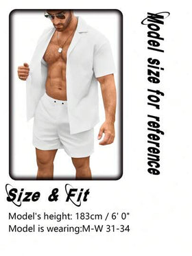 Manfinity Swimmode بدلة شاطئية صيفية متكاملة من قميص أكمام قصيرة مع أزرار وشورت، بطبعات لونية وخطوط