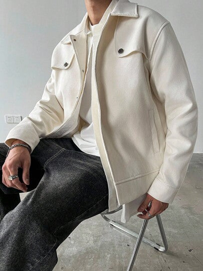 Manfinity Homme معطف أبيض فضفاض أحادي الصدر كاجوال للرجال، للخريف/الشتاء