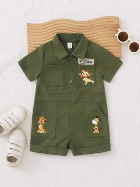 SHEIN Playful Pals صبي رضيع صالون براند مريح سترة قصيرة بجيوب وطوق مطوي، مناسبة للخروجات أثناء الربيع والصيف، للسفر، التقاط صور في حفلات عيد الميلاد