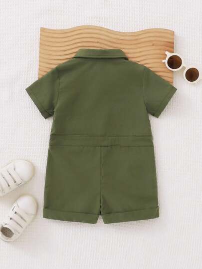 SHEIN Playful Pals صبي رضيع صالون براند مريح سترة قصيرة بجيوب وطوق مطوي، مناسبة للخروجات أثناء الربيع والصيف، للسفر، التقاط صور في حفلات عيد الميلاد