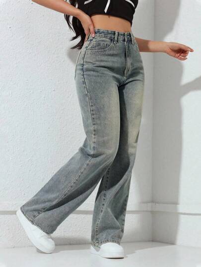 SHEIN x Lina SHEIN ICON سروال جينز كاجوال بسيط أحادي اللون للنساء