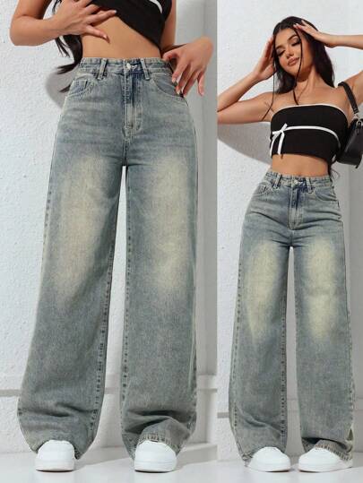 SHEIN x Lina SHEIN ICON سروال جينز كاجوال بسيط أحادي اللون للنساء