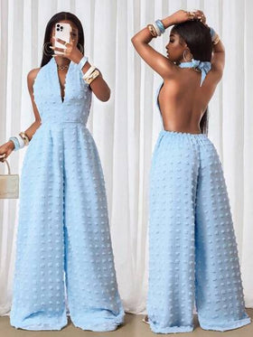 BamGleam جمبسوت أنيقة أحادية اللون مزخرفة بدون ظهر موديل هالتر لفصل الصيف