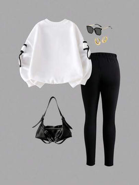 SHEIN مجموعة بنطلون وبلوزة كروشيه بفيونكة ثلاثية الأبعاد بأكمام طويلة وياقة طاقم للفتيات الصغيرات، طقم ملابس أنيق للخريف