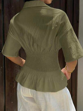 SHEIN EZwear بلوزة نسائية كاجوال بأكمام قصيرة وخصر مطوي منسوجة بلون الأخضر الزيتوني