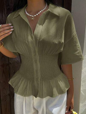 SHEIN EZwear بلوزة نسائية كاجوال بأكمام قصيرة وخصر مطوي منسوجة بلون الأخضر الزيتوني