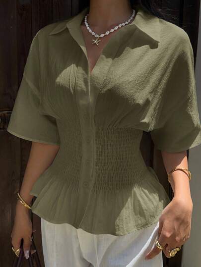 SHEIN EZwear بلوزة نسائية كاجوال بأكمام قصيرة وخصر مطوي منسوجة بلون الأخضر الزيتوني