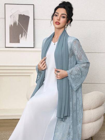 Yasmyna عباءة عربية طويلة بأكمام طويلة وشفافة بلون أحادي للنساء