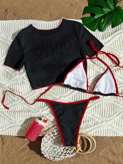 Swim Mod مجموعة من 3 قطع للنساء للسباحة والتزلج على الأمواج، تشمل بيكيني بحمالات رفيعة مطبوع عليه حرف الكرز، وتي شيرت قصير الأكمام بياقة دائرية من الشبك، ومجموعة بيكيني كرز صيفية للشاطئ