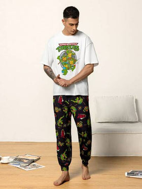 TEENAGE MUTANT NINJA TURTLES | SHEIN طقم ملابس راحة للرجال بتصميم سلحفاة كرتونية، تشمل ملابس علوية كم قصير وبنطال بجيب