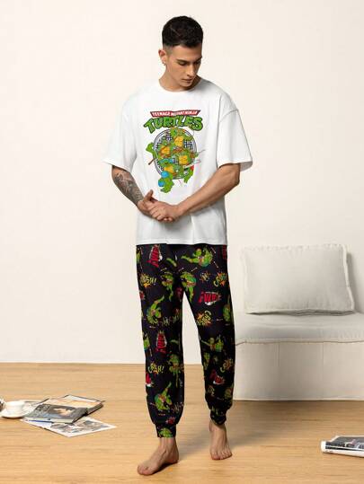 TEENAGE MUTANT NINJA TURTLES | SHEIN طقم ملابس راحة للرجال بتصميم سلحفاة كرتونية، تشمل ملابس علوية كم قصير وبنطال بجيب