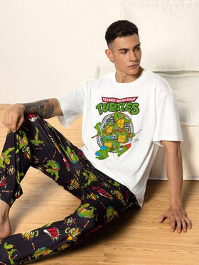TEENAGE MUTANT NINJA TURTLES | SHEIN طقم ملابس راحة للرجال بتصميم سلحفاة كرتونية، تشمل ملابس علوية كم قصير وبنطال بجيب