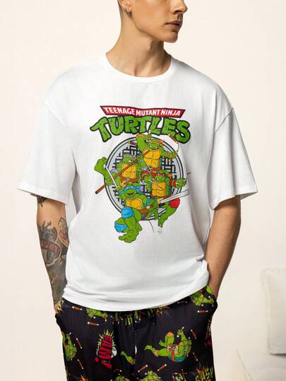 TEENAGE MUTANT NINJA TURTLES | SHEIN طقم ملابس راحة للرجال بتصميم سلحفاة كرتونية، تشمل ملابس علوية كم قصير وبنطال بجيب
