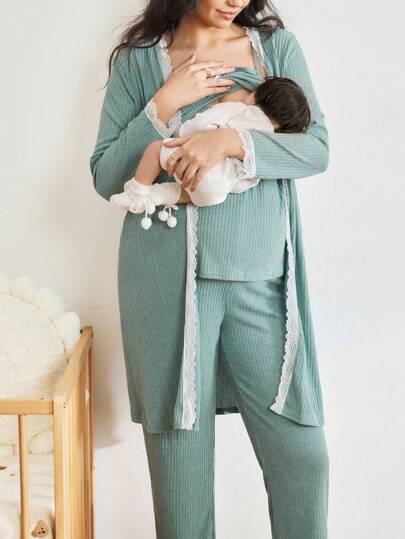 BloomMama 3 قطع مجموعة ملابس نوم للحوامل: توب كامي مناسب للرضاعة وبنطلون + جاكيت خارجي طويل الأكمام مطرز بالدانتيل، تفاصيل مريحة وأنيقة، ملابس للخريف والشتاء