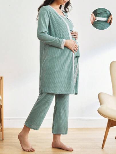 BloomMama 3 قطع مجموعة ملابس نوم للحوامل: توب كامي مناسب للرضاعة وبنطلون + جاكيت خارجي طويل الأكمام مطرز بالدانتيل، تفاصيل مريحة وأنيقة، ملابس للخريف والشتاء