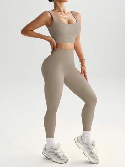 Slayform مجموعة رياضية من قطعتين للنساء سلسة عالية المرونة، مكونة من سروال ضاغط على البطن وقميص خزانة مخطط لتمارين اللياقة البدنية في الجيم