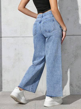 SHEIN PETITE بنطلون جينز نسائي غير رسمي للاستخدام اليومي ذو حافة خام وقدم واسعة